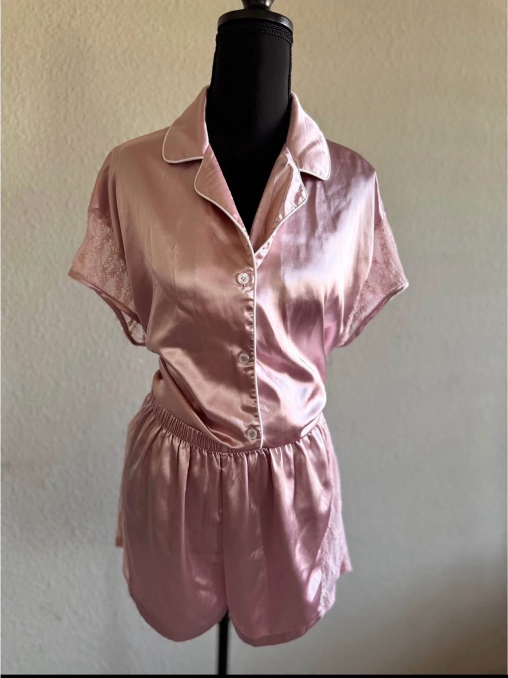 Silky Pink Short Pajama Set With Lace Trim